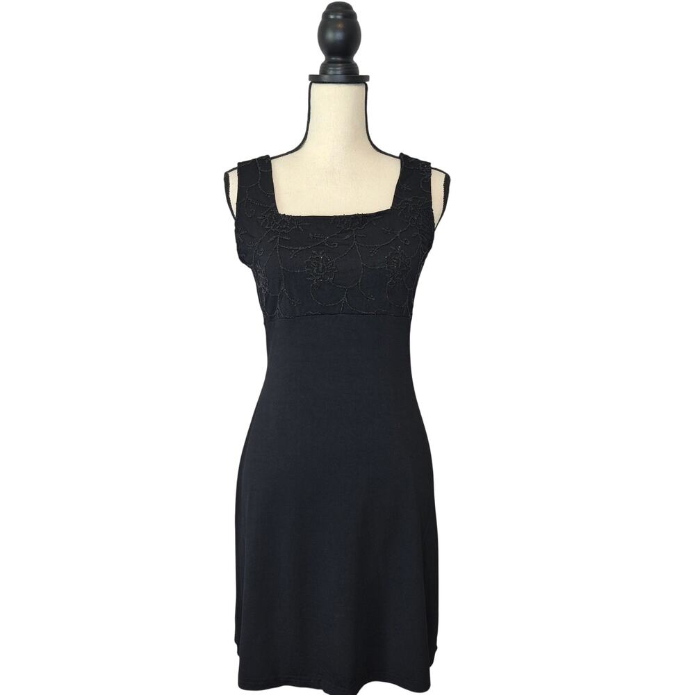 Vintage French Curve Black Beaded Square Neck Empire Waist Mini Dress Medium 90s